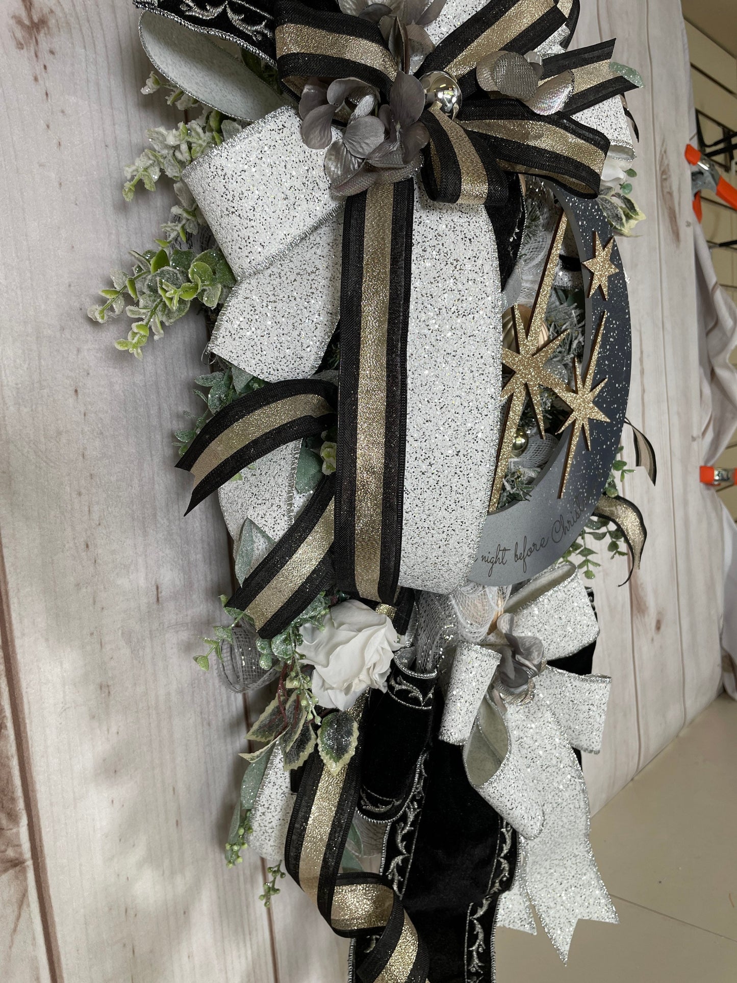 Holiday glam Christmas Swag Wreath, front door bling swag, silver moon and gold star decor, Welcome wreath for porch.