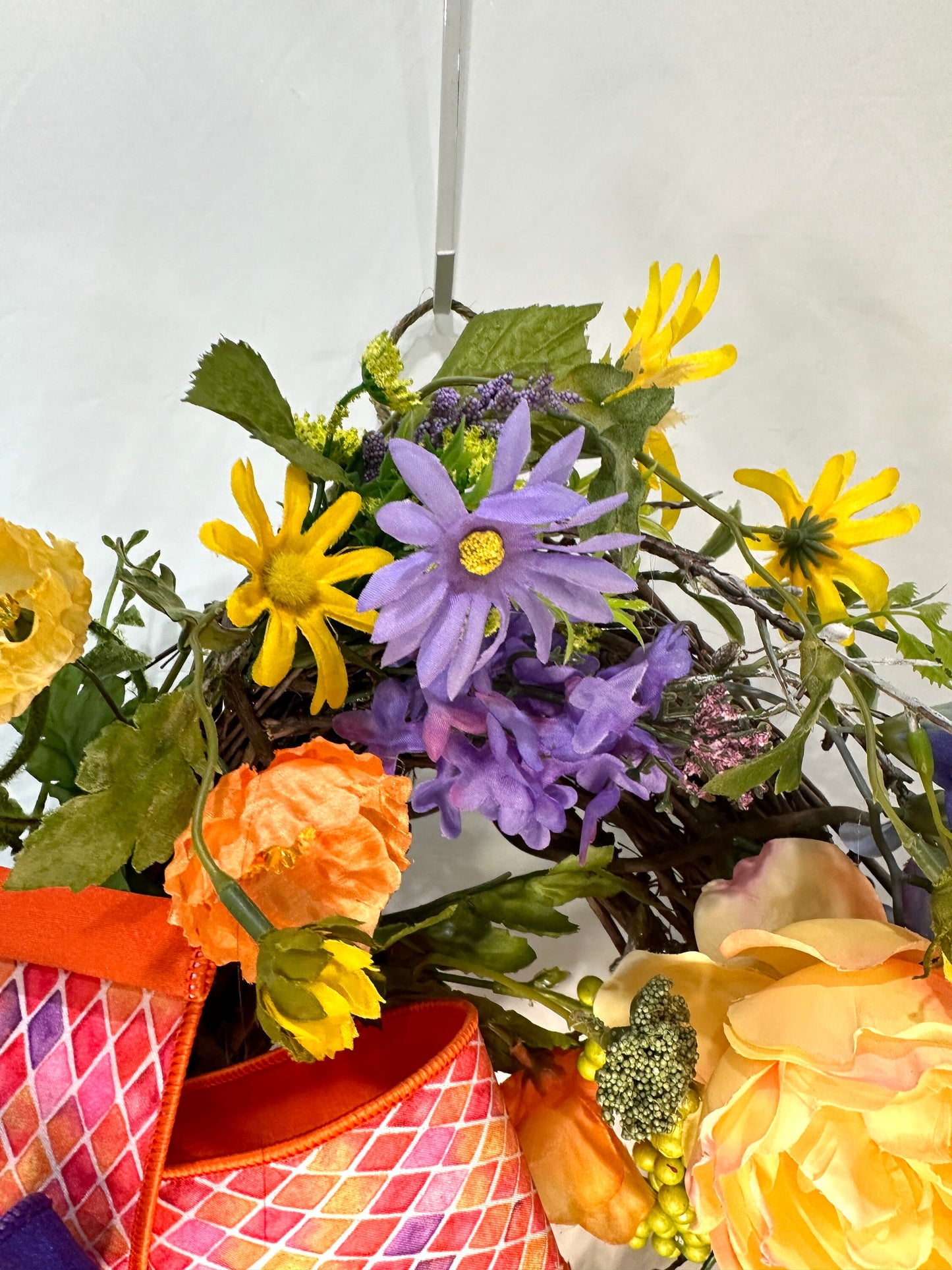 Multicolored Oval Grapevine Everyday Wreath with Multicolored bow and Spring or Summer Flowers