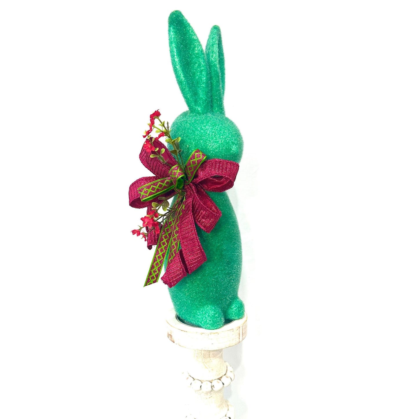 Elevate your Easter Table or Mantle Decor with this Floral Flocked Bunny with a Sparkly Bow or Give as a Gift