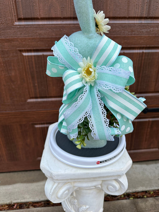 Pastel Flocked Easter Bunny with Soft Lacy and Striped Green Ribbons and Flowers is a Perfect Friend Gift or Spring Table or Mantle Decor