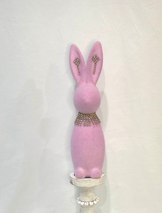 Welcome spring with this charming flocked pink 16" Easter bunny with a rhinestone necklace and earrings. Perfect for Easter your decor.