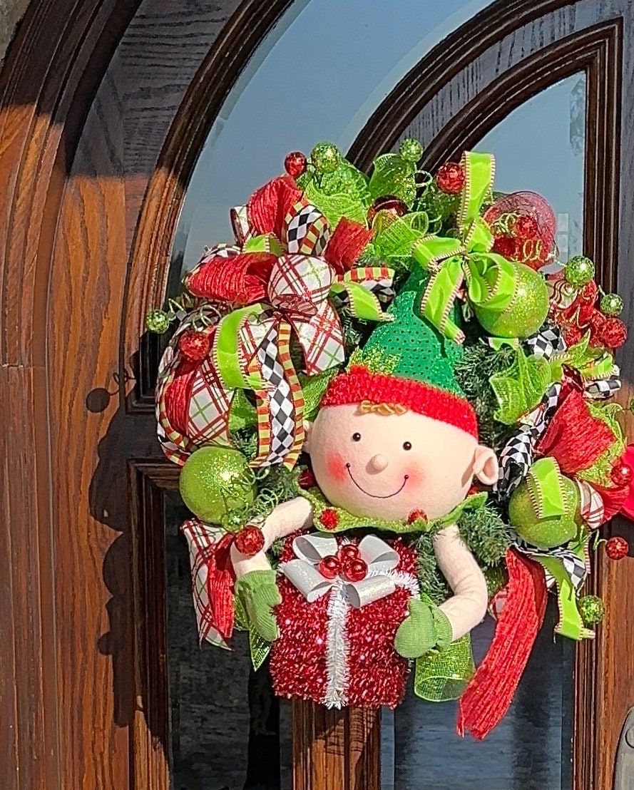 Whimsical Red and Green Christmas elf wreath perfect for front door, porch door, gift or juvenile with 4 ribbon bow with harlequin accents.