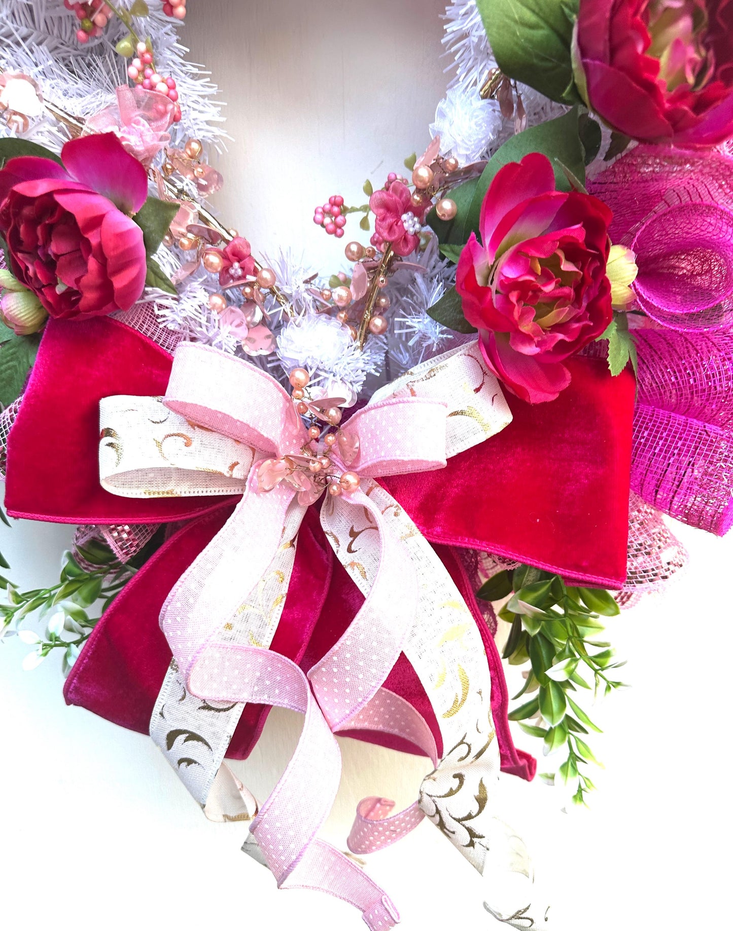Shabby Chic Romantic Valentine Wreath Featuring a Gold & Pink Heart surrounded by Fuchsia Roses, Pink Berries, and Velvet Bows.