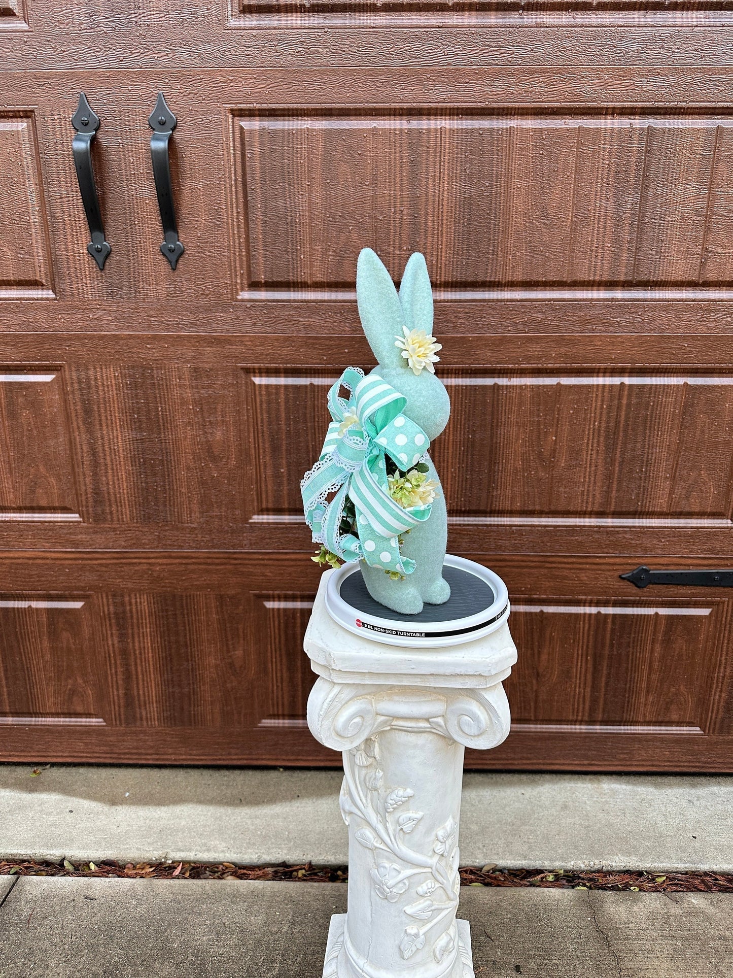 Pastel Flocked Easter Bunny with Soft Lacy and Striped Green Ribbons and Flowers is a Perfect Friend Gift or Spring Table or Mantle Decor