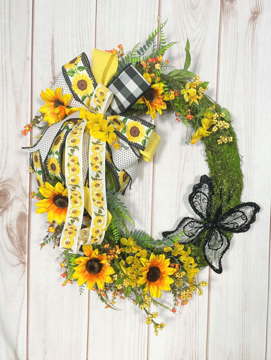 Oval Cheerful Welcome  Moss Wreath with Yellow Sunflowers and a Large Butterfly  Perfect from Summer to Fall on your Front Door or Porch