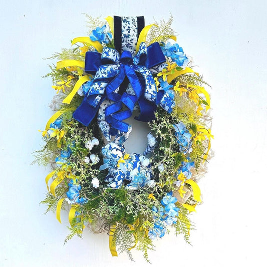 Blue Spring or Easter Bunny Wreath with Luxury Ribbon, Mossy Greenery, Wisteria, Forsythia and Ferns adds an Elegance to your Front Door