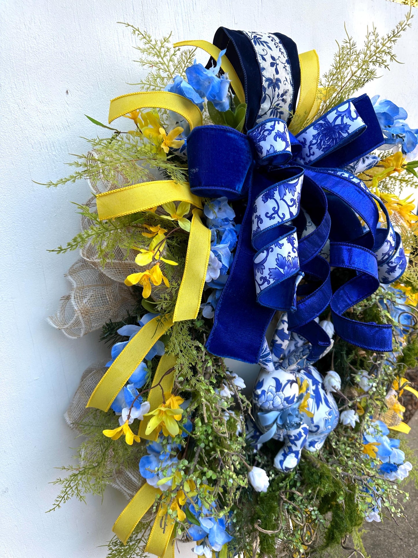 Blue Spring or Easter Bunny Wreath with Luxury Ribbon, Mossy Greenery, Wisteria, Forsythia and Ferns adds an Elegance to your Front Door