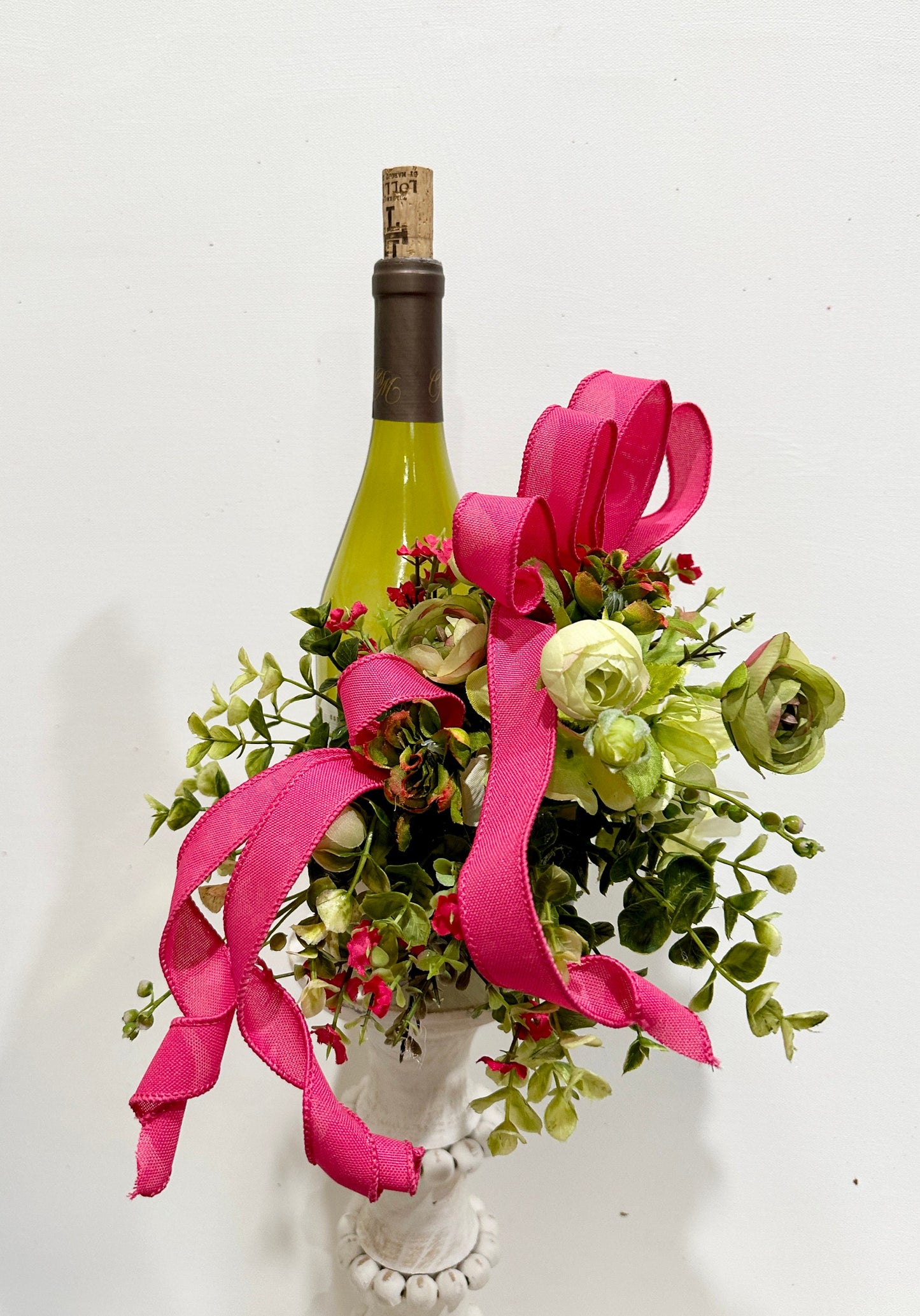 Romantic floral wine bottle bouquet for hostess gift, housewarming, party idea, client gift, Christmas gift or wine accessory.