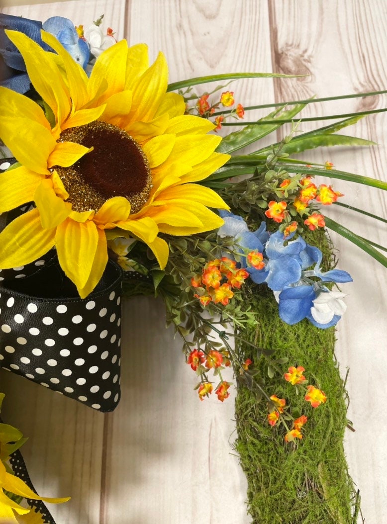 This Large Square Sunflower Moss Front Door Wreath is a Cheerful Welcome or Greeting for Spring, Summer or Everyday Porch Decor.