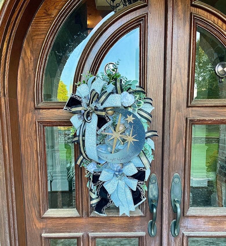 Holiday glam Christmas Swag Wreath, front door bling swag, silver moon and gold star decor, Welcome wreath for porch.