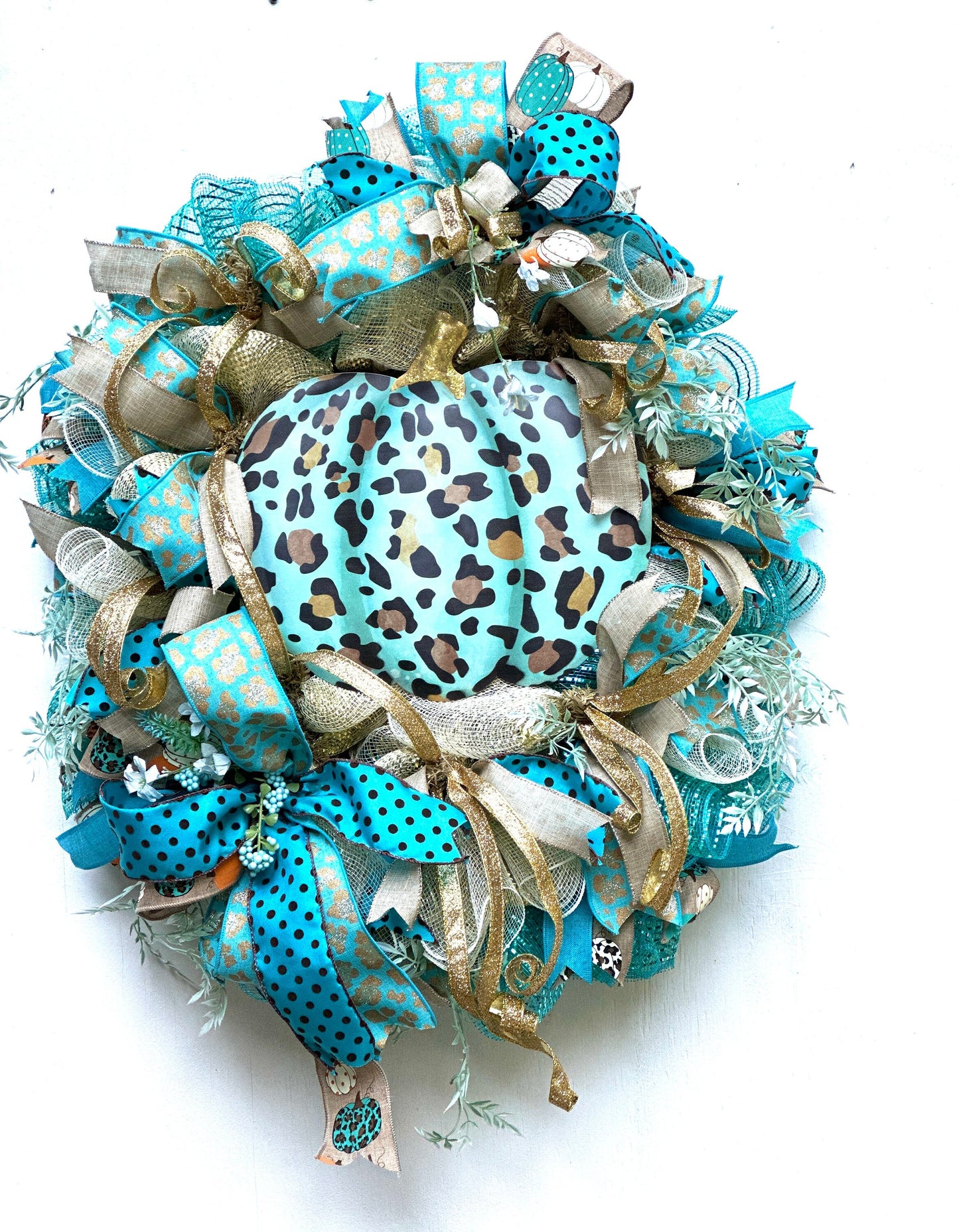 Elevate your Fall decor with this exquisite Teal blue, chocolate and gold pumpkin autumn wreath featuring a large pumpkin sign