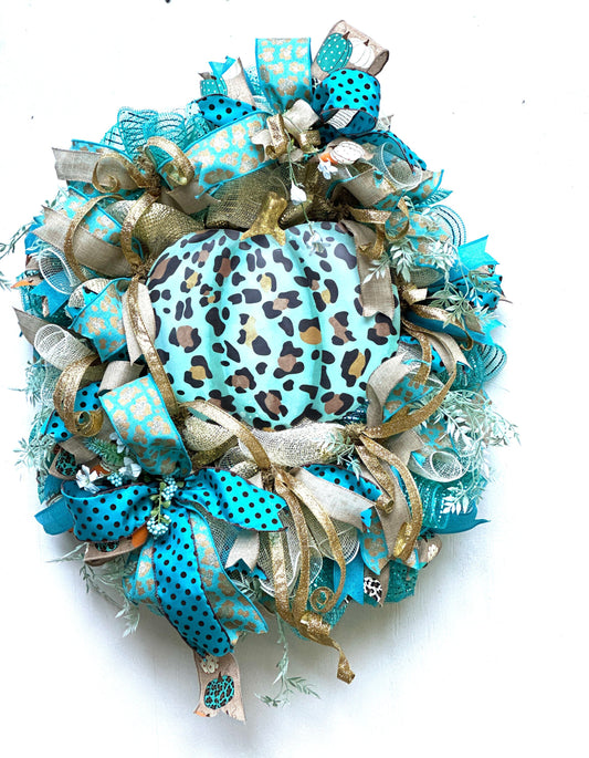 Elevate your Fall decor with this exquisite Teal blue, chocolate and gold pumpkin autumn wreath featuring a large pumpkin sign