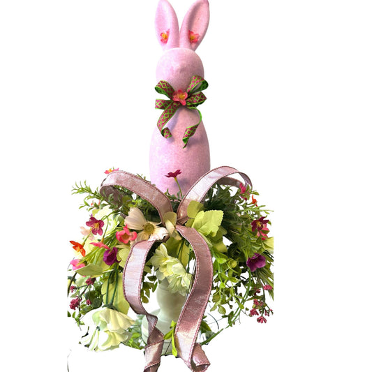 Elevate your Easter Home Decor with this enchanting Flocked Bunny Candlestick Centerpiece on a  surrounded by Ribbon and Wispy Flowers.