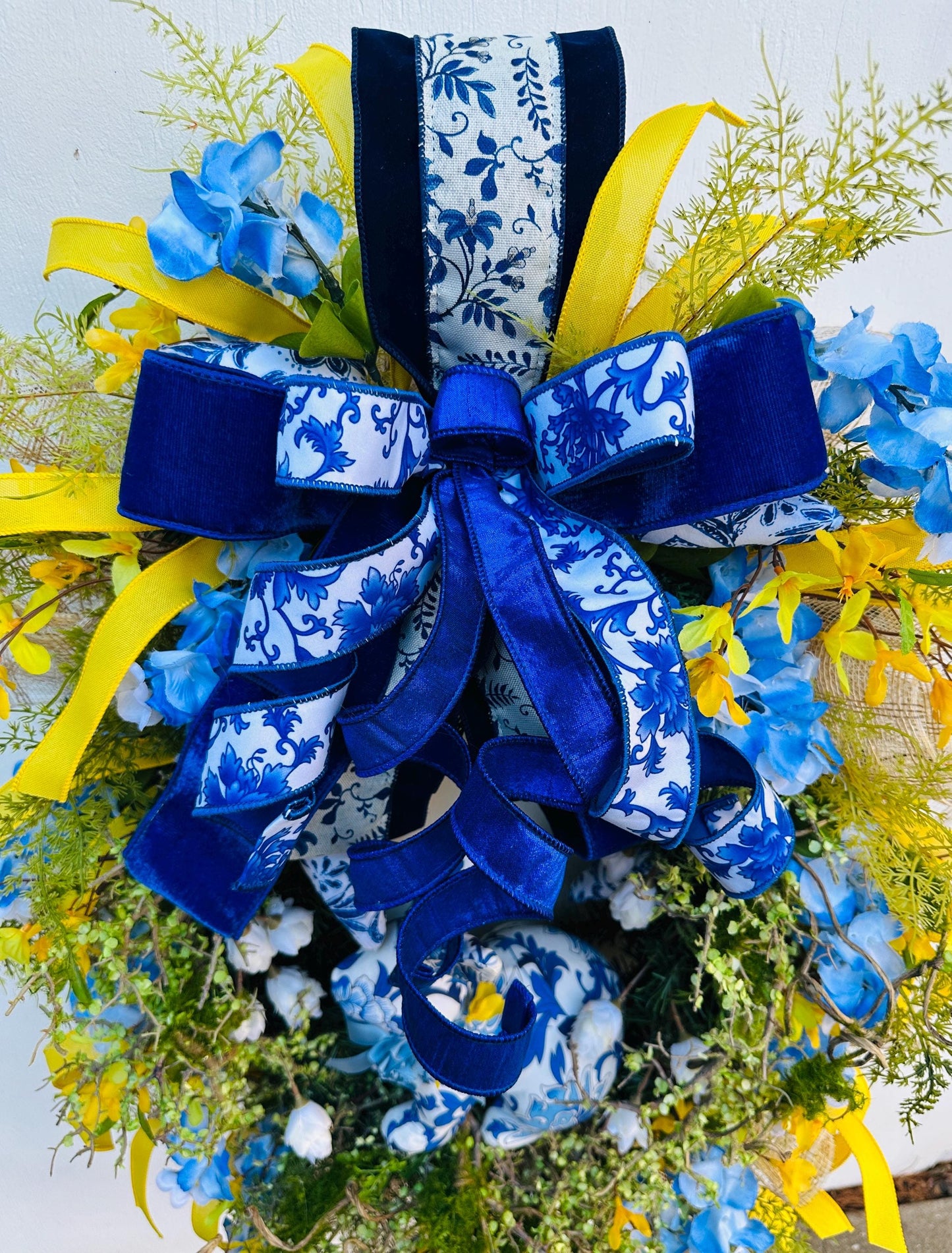 Blue Spring or Easter Bunny Wreath with Luxury Ribbon, Mossy Greenery, Wisteria, Forsythia and Ferns adds an Elegance to your Front Door