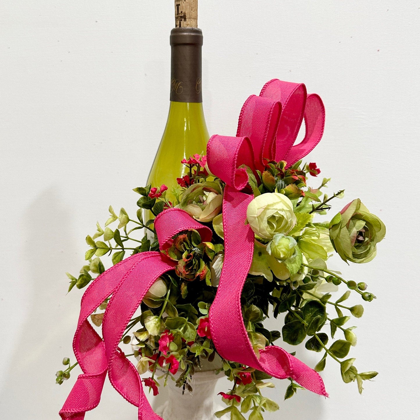 Romantic floral wine bottle bouquet for hostess gift, housewarming, party idea, client gift, Christmas gift or wine accessory.