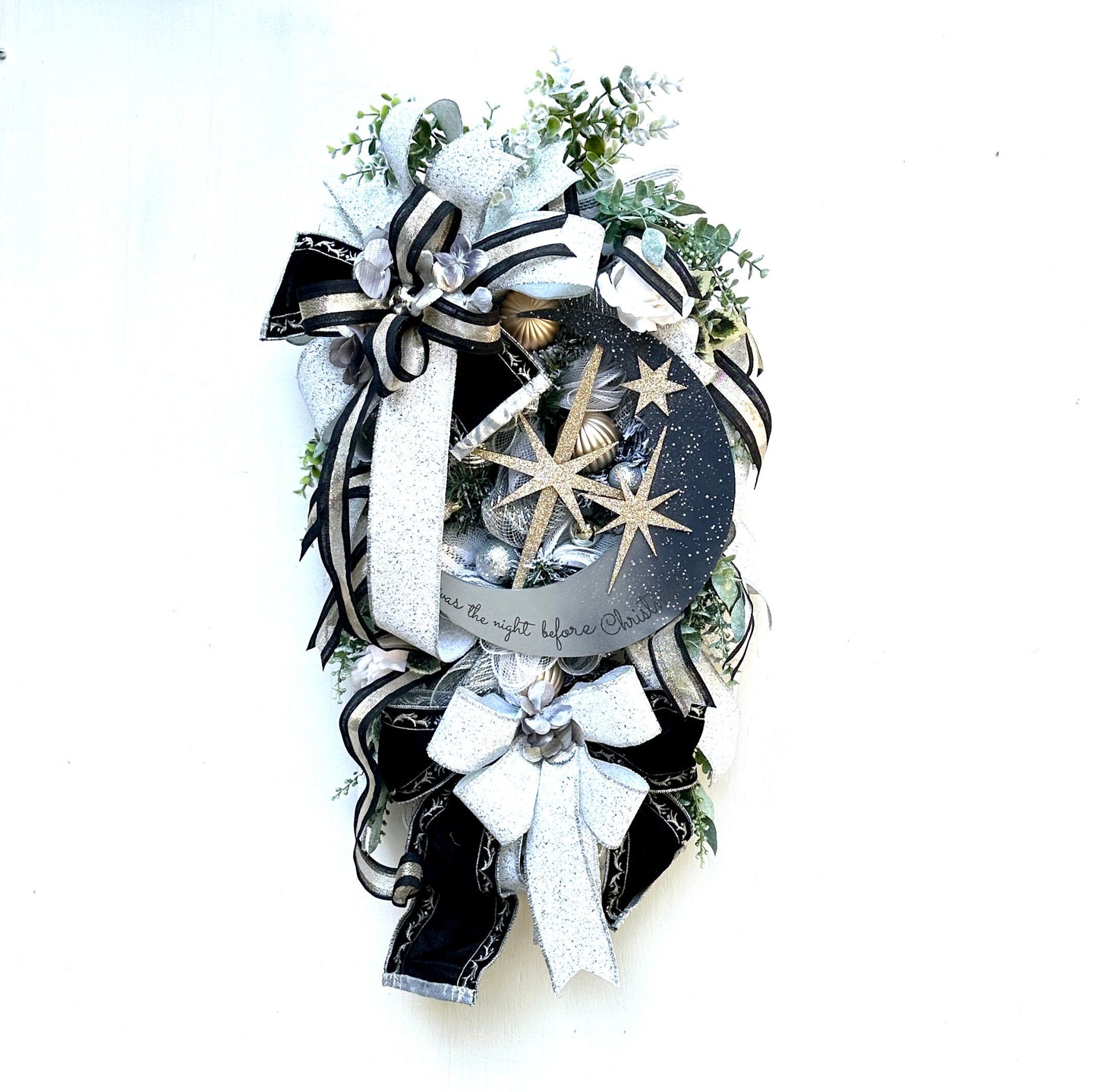 Holiday glam Christmas Swag Wreath, front door bling swag, silver moon and gold star decor, Welcome wreath for porch.