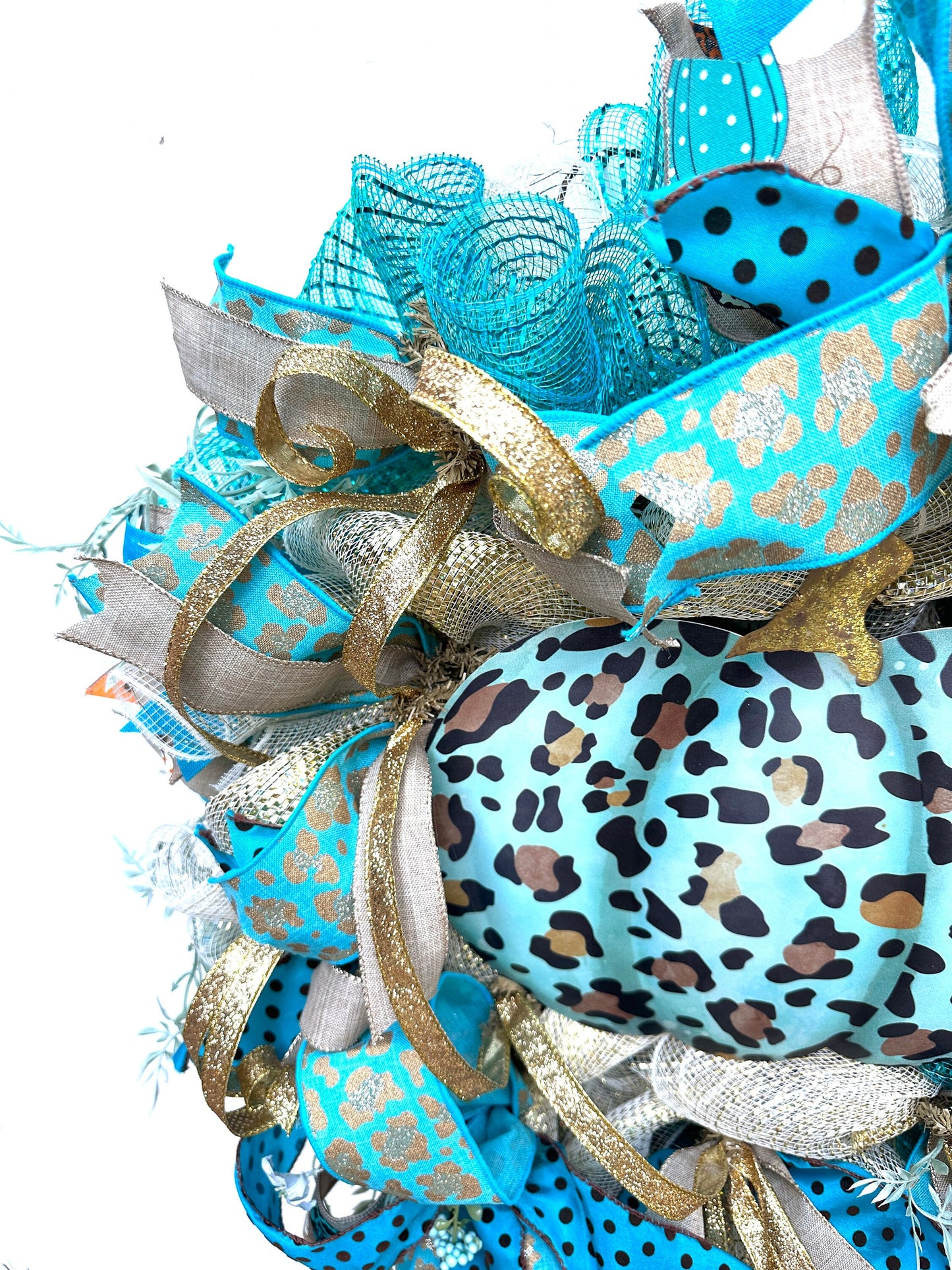 Elevate your Fall decor with this exquisite Teal blue, chocolate and gold pumpkin autumn wreath featuring a large pumpkin sign