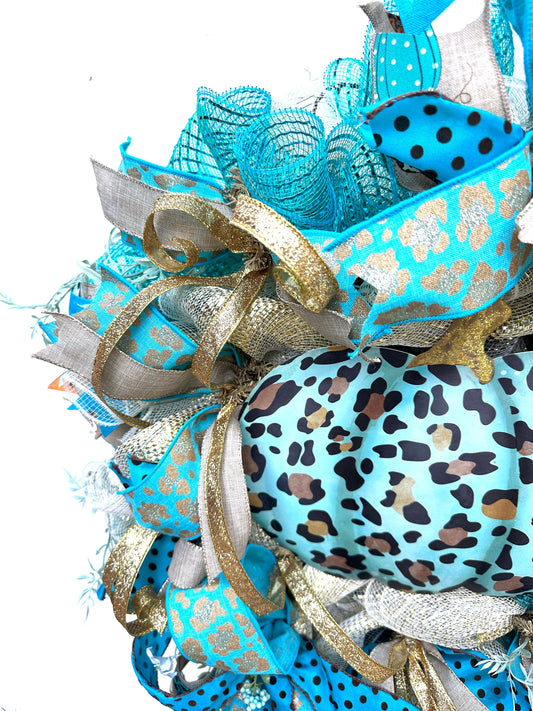 Elevate your Fall decor with this exquisite Teal blue, chocolate and gold pumpkin autumn wreath featuring a large pumpkin sign