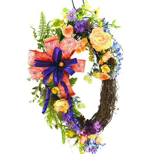 Multicolored Oval Grapevine Everyday Wreath with Multicolored bow and Spring or Summer Flowers