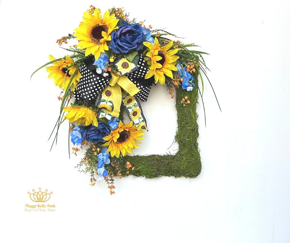 This Large Square Sunflower Moss Front Door Wreath is a Cheerful Welcome or Greeting for Spring, Summer or Everyday Porch Decor.