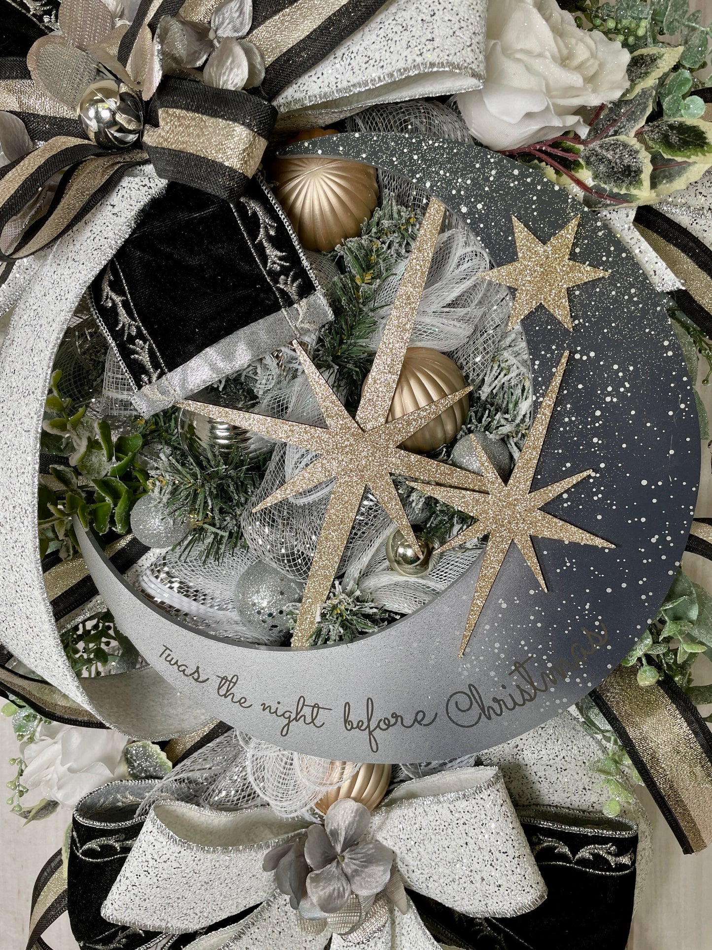 Holiday glam Christmas Swag Wreath, front door bling swag, silver moon and gold star decor, Welcome wreath for porch.