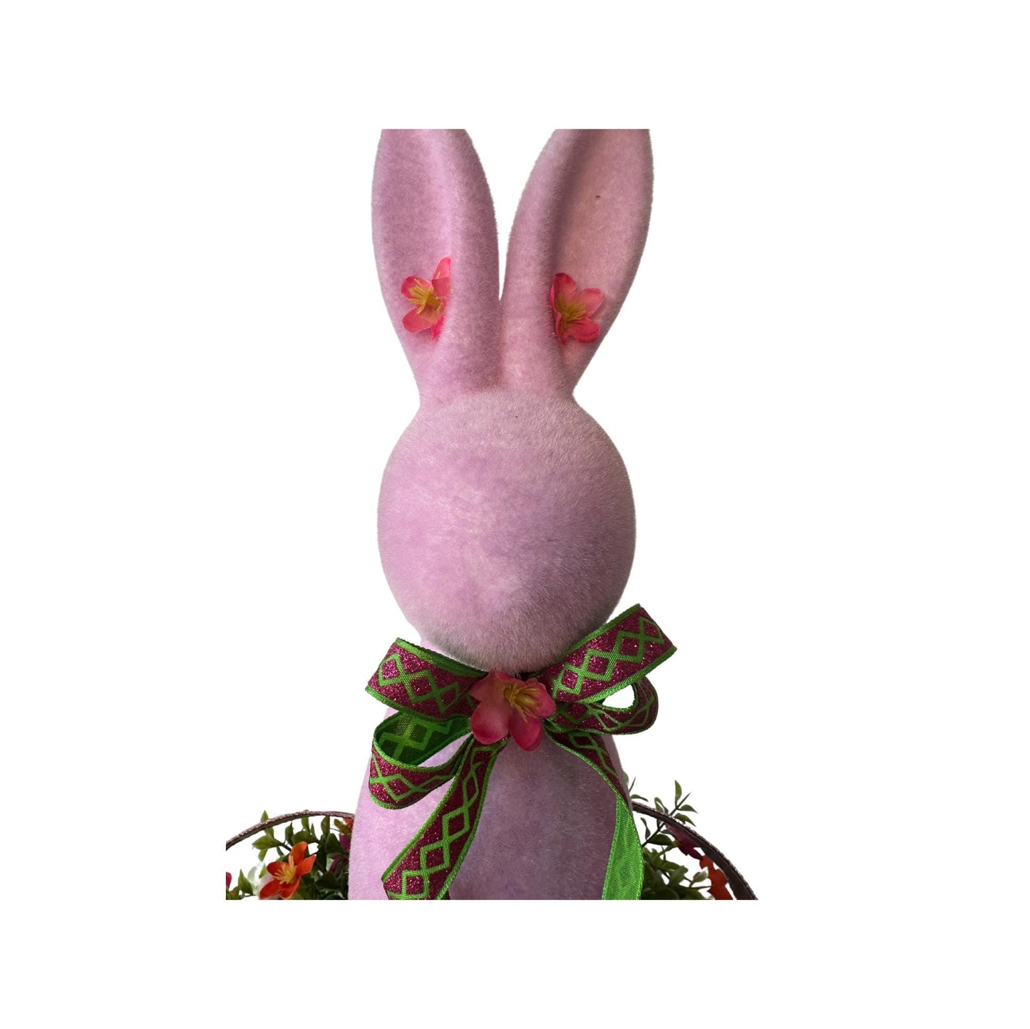 Elevate your Easter Home Decor with this enchanting Flocked Bunny Candlestick Centerpiece on a surrounded by Ribbon and Wispy Flowers.