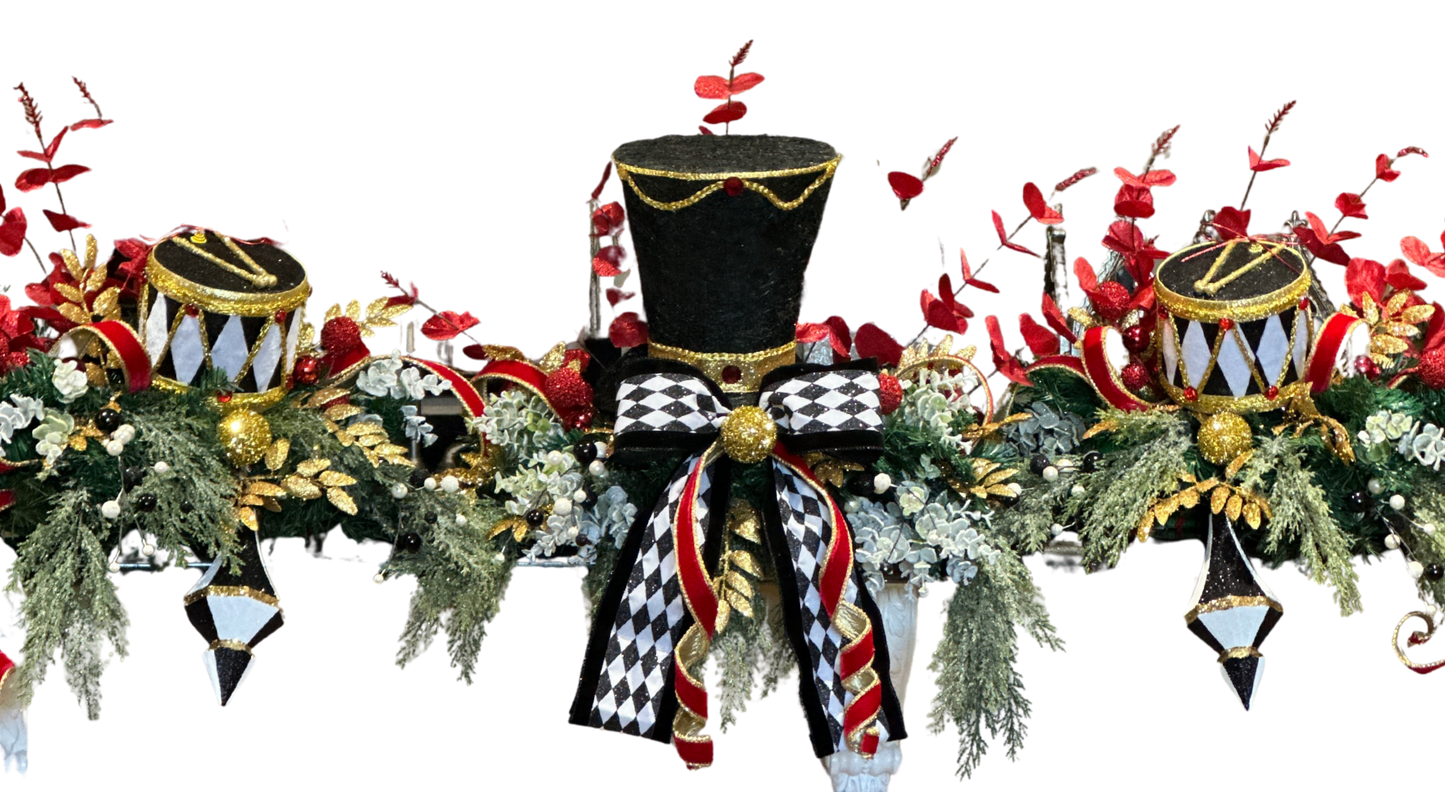 3 piece traditional nutcracker christmas mantle decor with designer harlequin ribbon, nutcracker hat, christmas ornaments, velvet ribbon and drums. (Copy) (Copy)