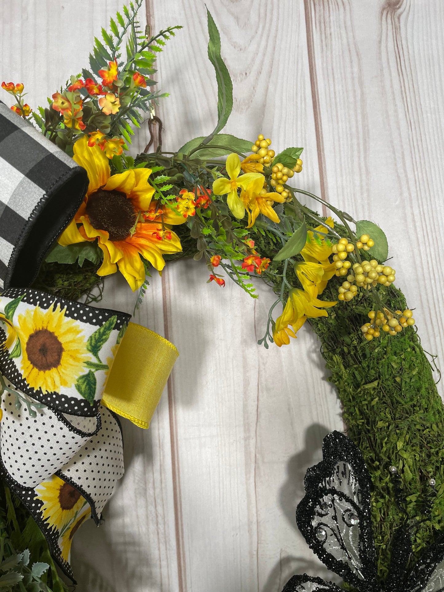 Oval Cheerful Welcome Moss Wreath with Yellow Sunflowers and a Large Butterfly Perfect from Summer to Fall on your Front Door or Porch