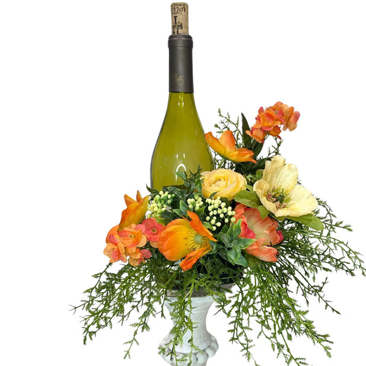Environmentally friendly floral wine bottle bouquet for hostess gift, friend gift, housewarming, party idea or wine accessory.