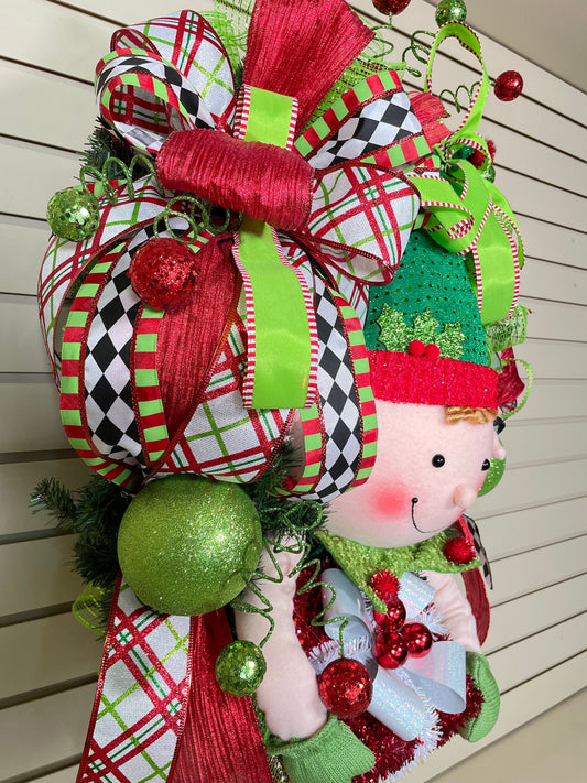 Whimsical Red and Green Christmas elf wreath perfect for front door, porch door, gift or juvenile with 4 ribbon bow with harlequin accents.