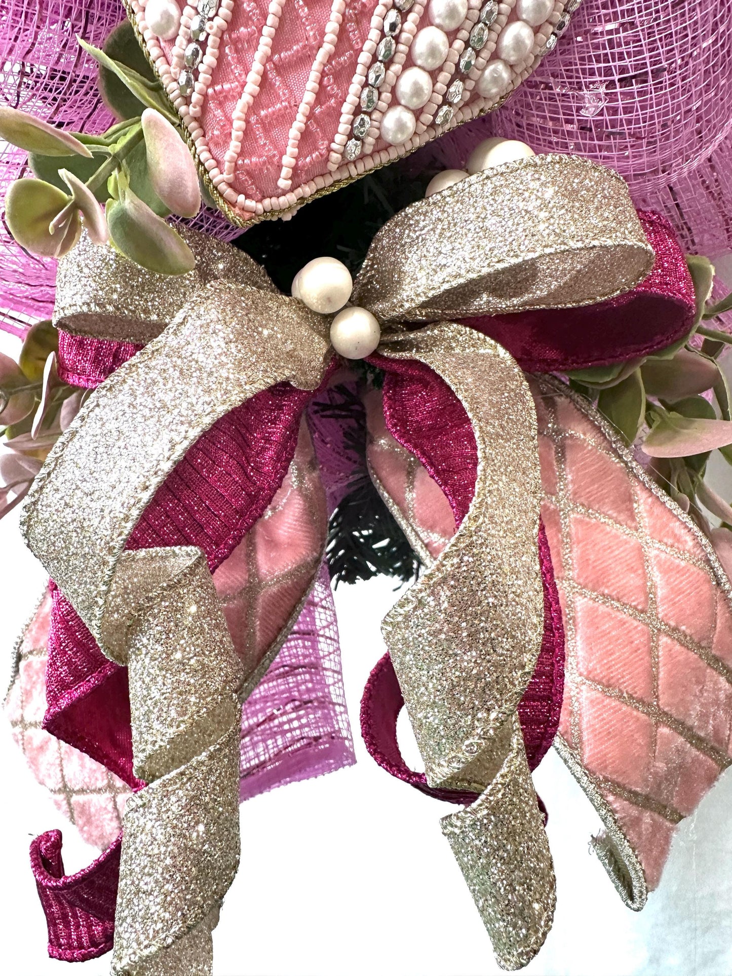 Elevate your home decor with this luxury pearl and rhinestone heart wreath accented with peonies and designer ribbons for your front door.