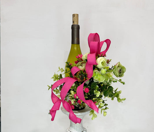 Romantic floral wine bottle bouquet for hostess gift, housewarming, party idea, client gift, Christmas gift or wine accessory.