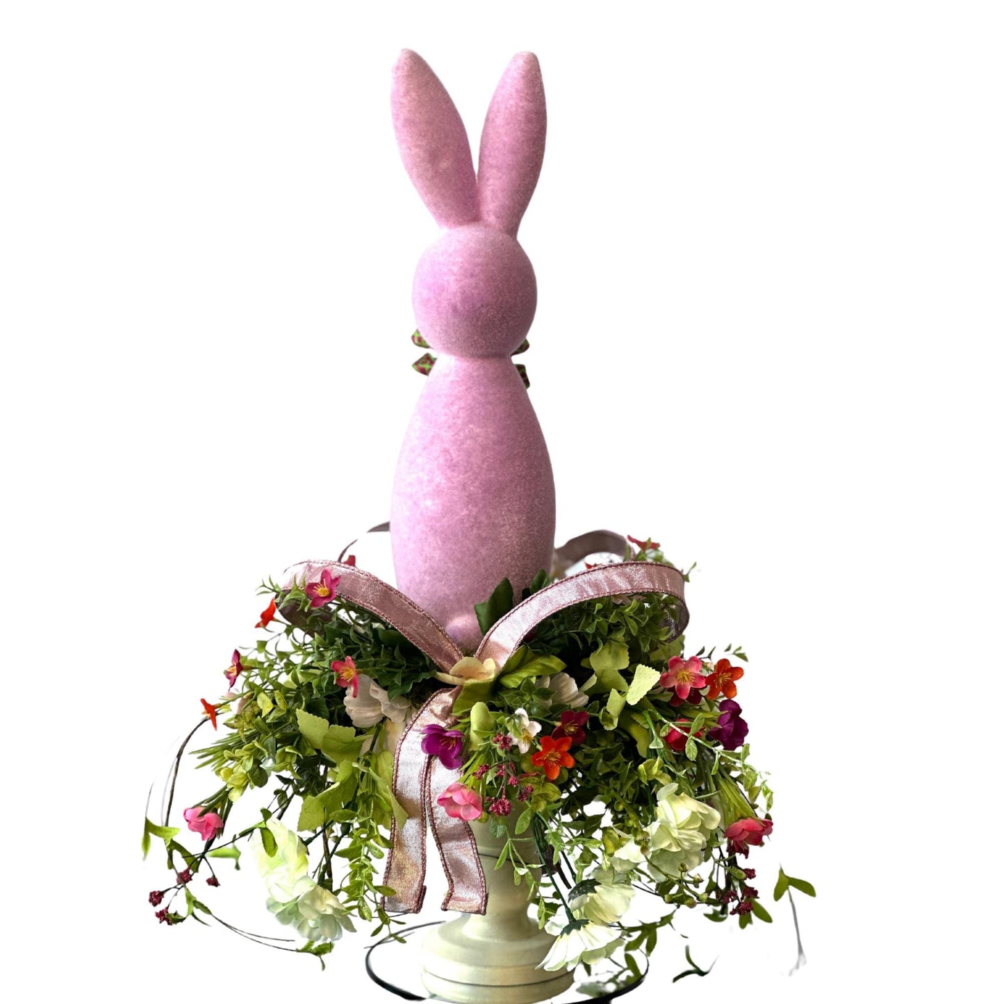 Elevate your Easter Home Decor with this enchanting Flocked Bunny Candlestick Centerpiece on a surrounded by Ribbon and Wispy Flowers.