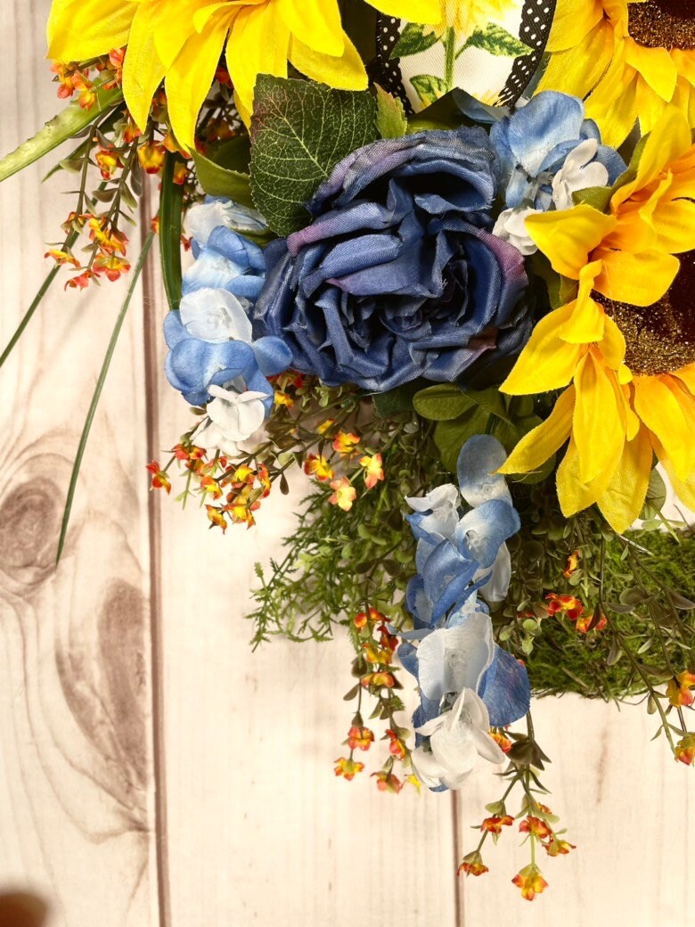 This Large Square Sunflower Moss Front Door Wreath is a Cheerful Welcome or Greeting for Spring, Summer or Everyday Porch Decor.