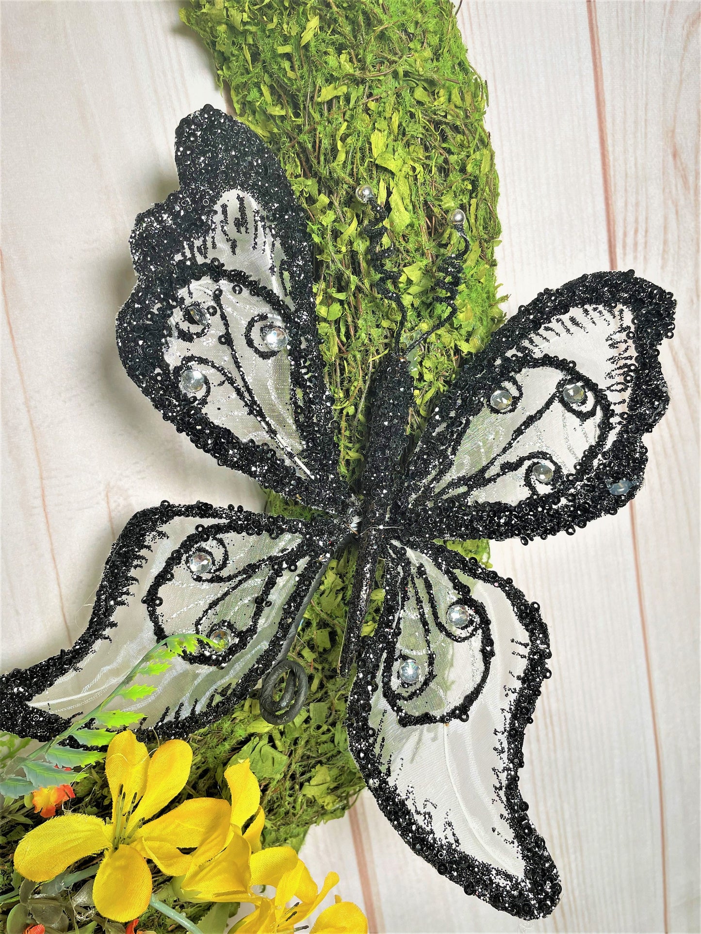 Oval Cheerful Welcome Moss Wreath with Yellow Sunflowers and a Large Butterfly Perfect from Summer to Fall on your Front Door or Porch