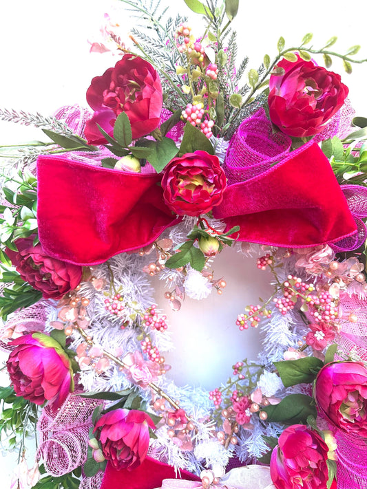 Shabby Chic Romantic Valentine Wreath Featuring a Gold & Pink Heart surrounded by Fuchsia Roses, Pink Berries, and Velvet Bows.