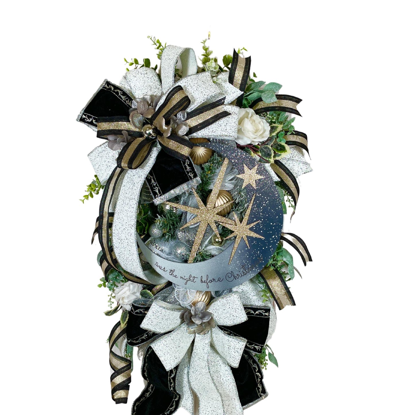 Holiday glam Christmas Swag Wreath, front door bling swag, silver moon and gold star decor, Welcome wreath for porch.