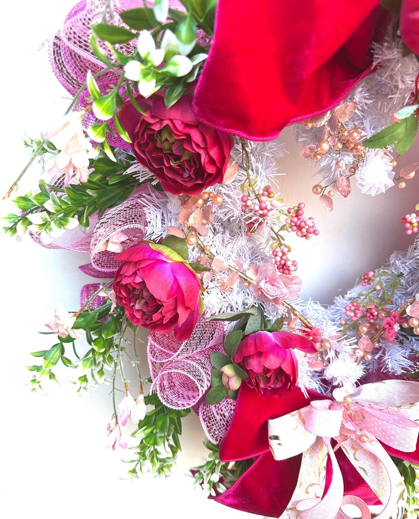 Shabby Chic Romantic Valentine Wreath Featuring a Gold & Pink Heart surrounded by Fuchsia Roses, Pink Berries, and Velvet Bows.