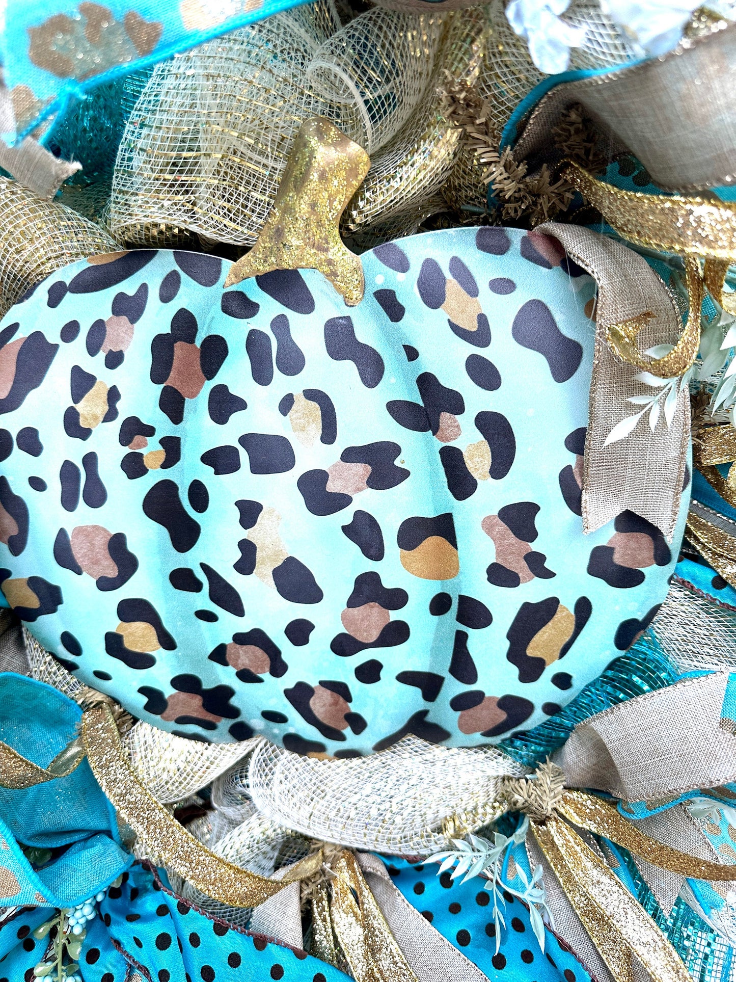 Elevate your Fall decor with this exquisite Teal blue, chocolate and gold pumpkin autumn wreath featuring a large pumpkin sign