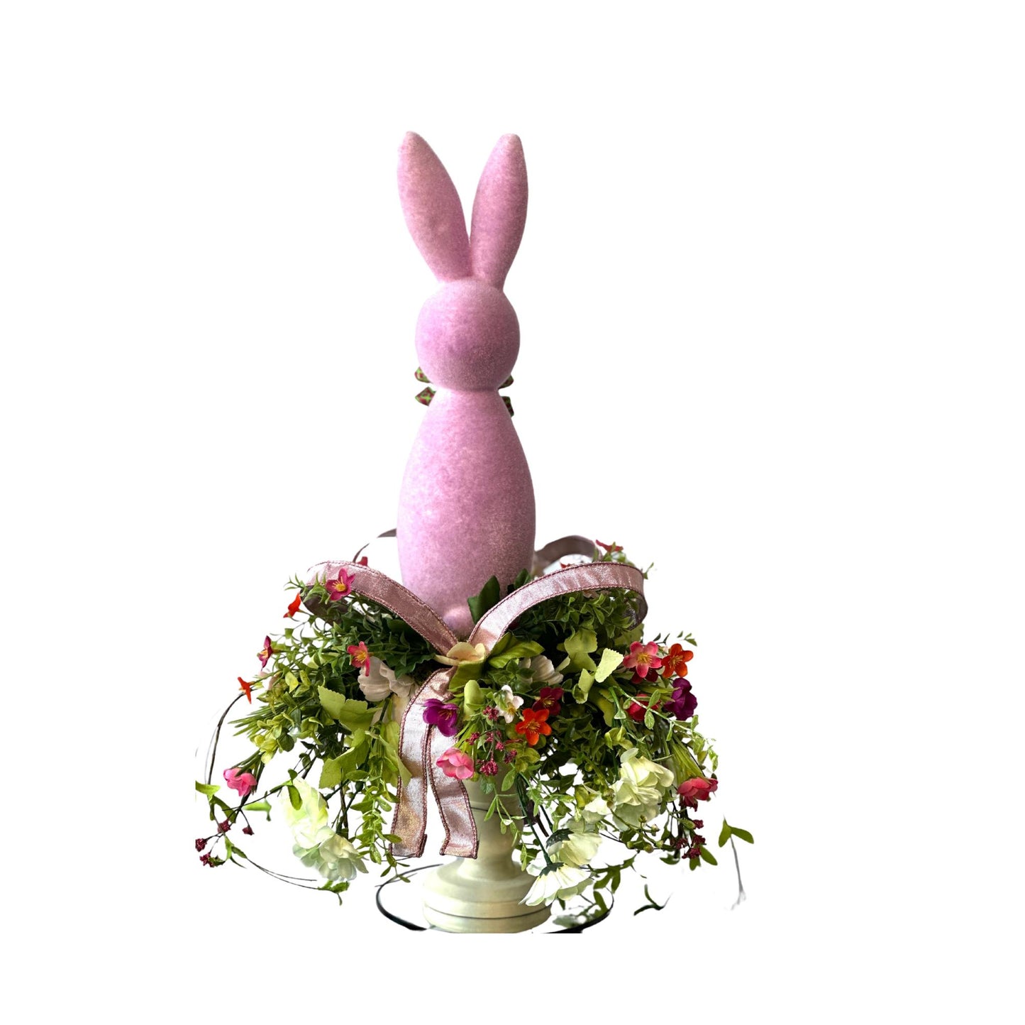 Elevate your Easter Home Decor with this enchanting Flocked Bunny Candlestick Centerpiece on a surrounded by Ribbon and Wispy Flowers.