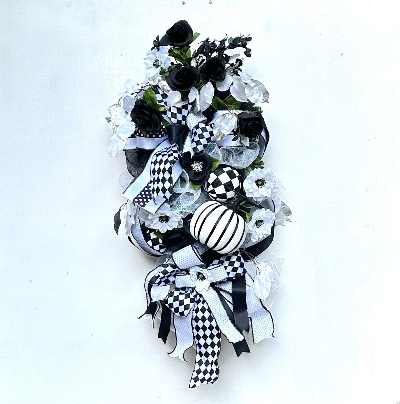 Halloween Glam and Bling Sister Black and White Wreaths for Double Doors