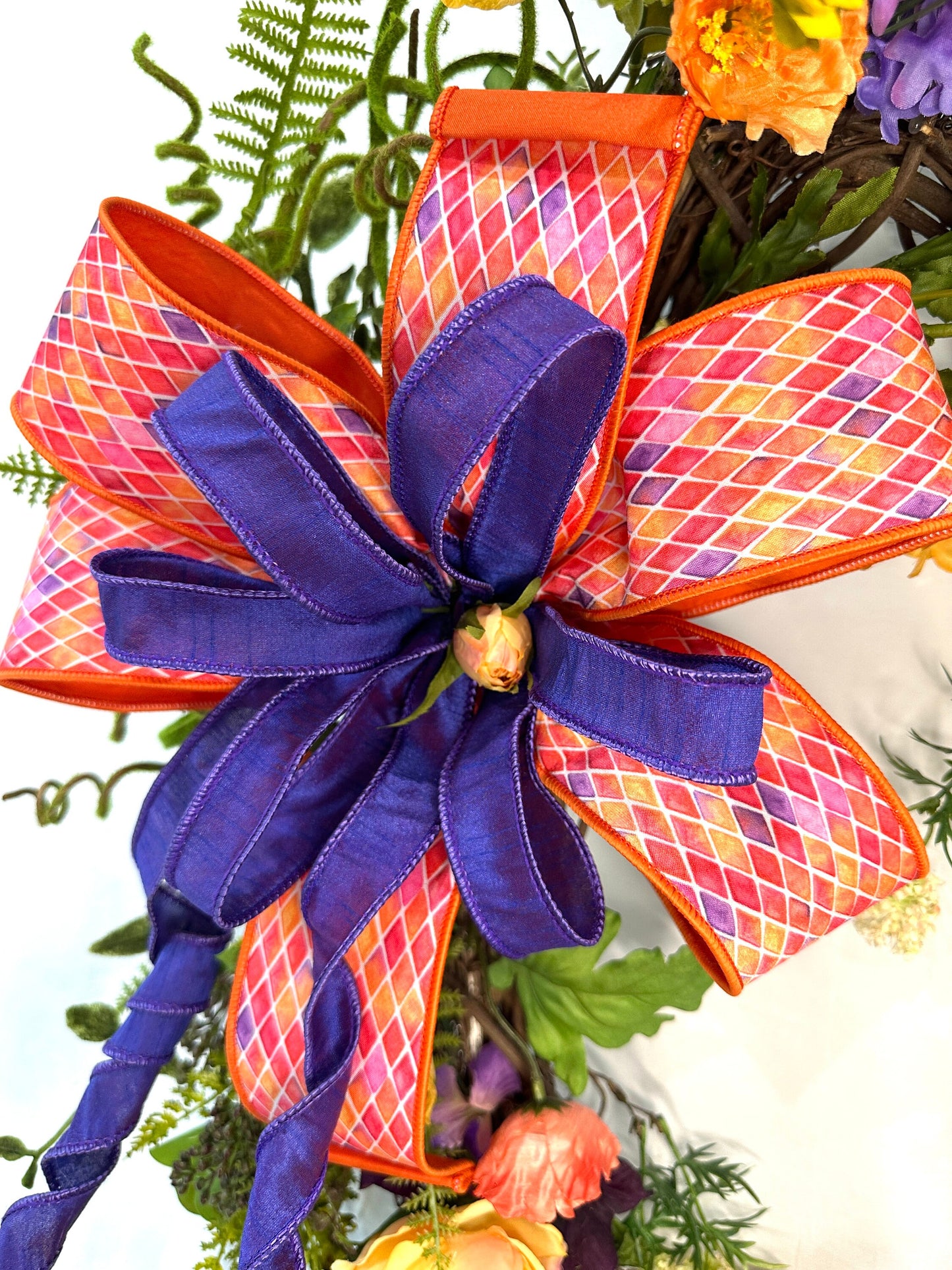 Multicolored Oval Grapevine Everyday Wreath with Multicolored bow and Spring or Summer Flowers