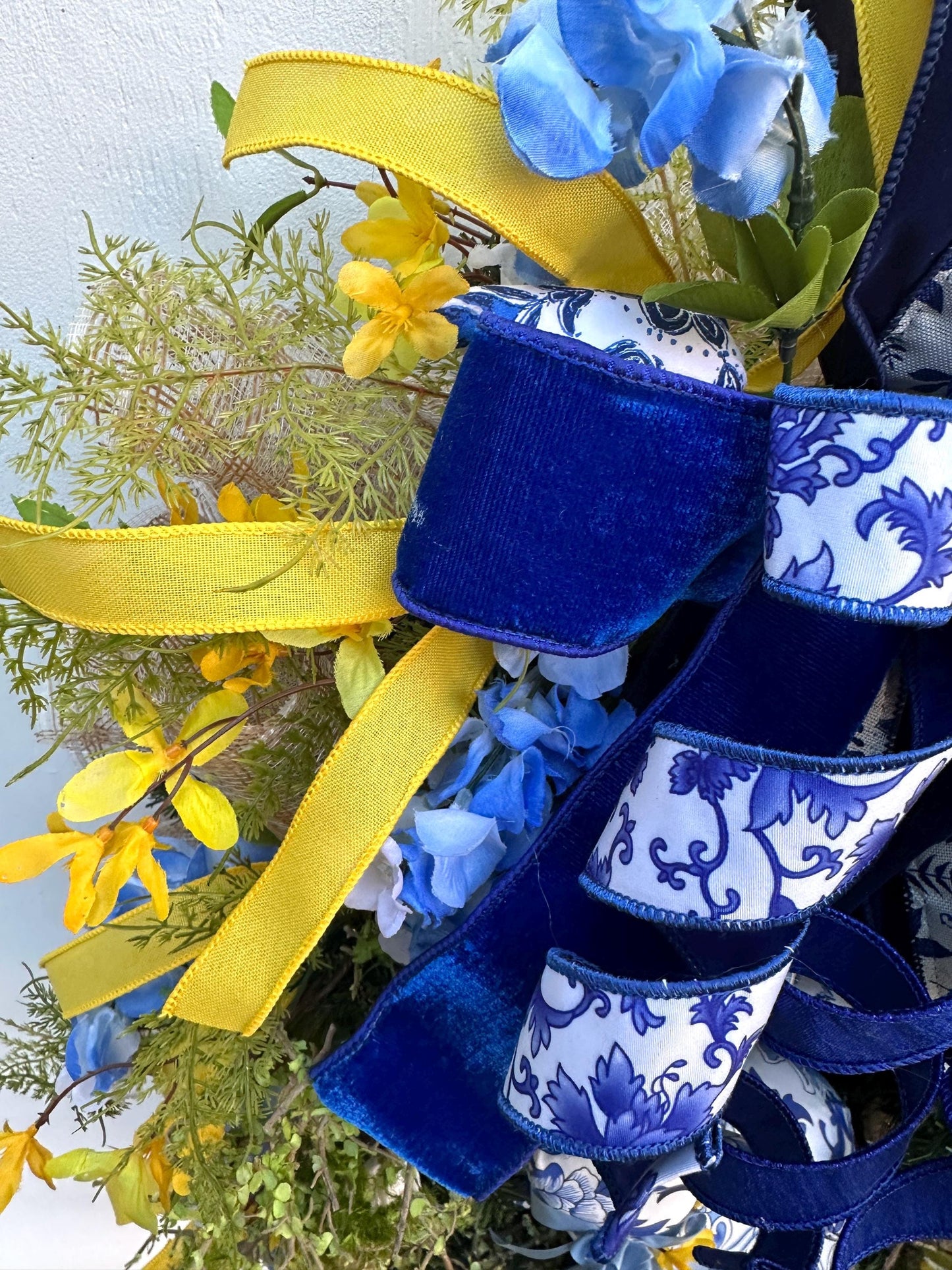 Blue Spring or Easter Bunny Wreath with Luxury Ribbon, Mossy Greenery, Wisteria, Forsythia and Ferns adds an Elegance to your Front Door