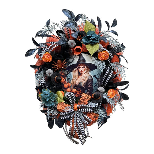 Wreath with glam witch sign, pumpkins, spider, witch hats and blue leaves gives a dark and moody Halloween vibe and add magic to your door.