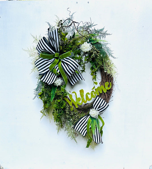 Mossy Welcome Everyday Wreath Perfect for All Occasions with Neutral Colors to go with any Decor or Front Door or Season.