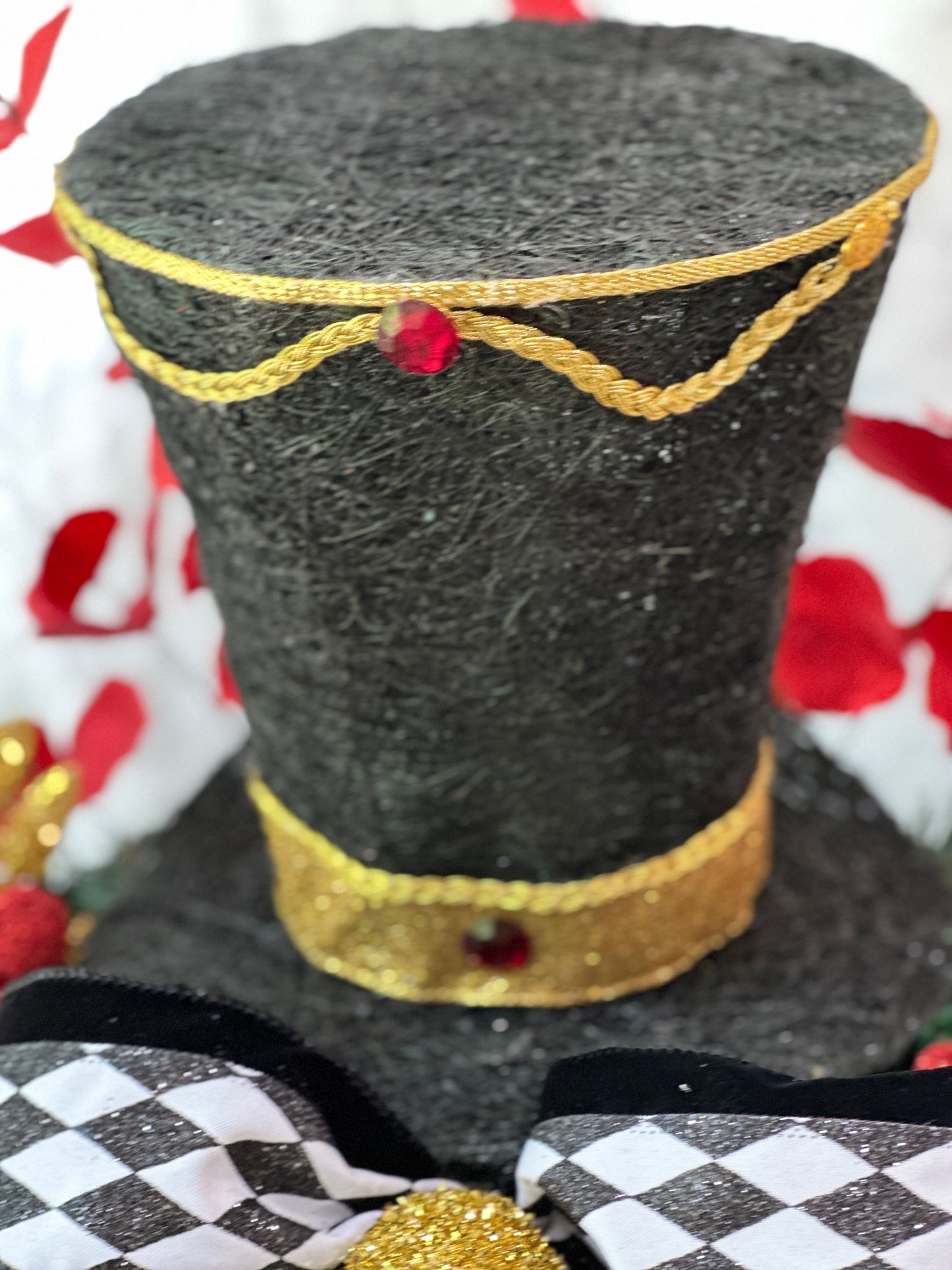 3 piece traditional nutcracker christmas mantle decor with designer harlequin ribbon, nutcracker hat, christmas ornaments, velvet ribbon and drums. (Copy) (Copy)