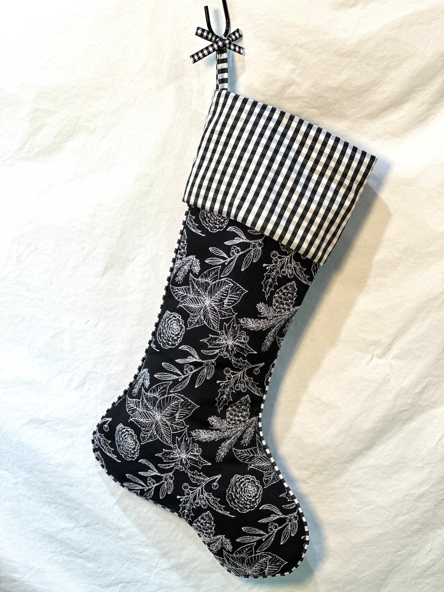 Black & White Christmas Stocking Jacquard Holly Pattern | Buffalo Check Cuff | Modern Farmhouse Holiday Decor -8 Available