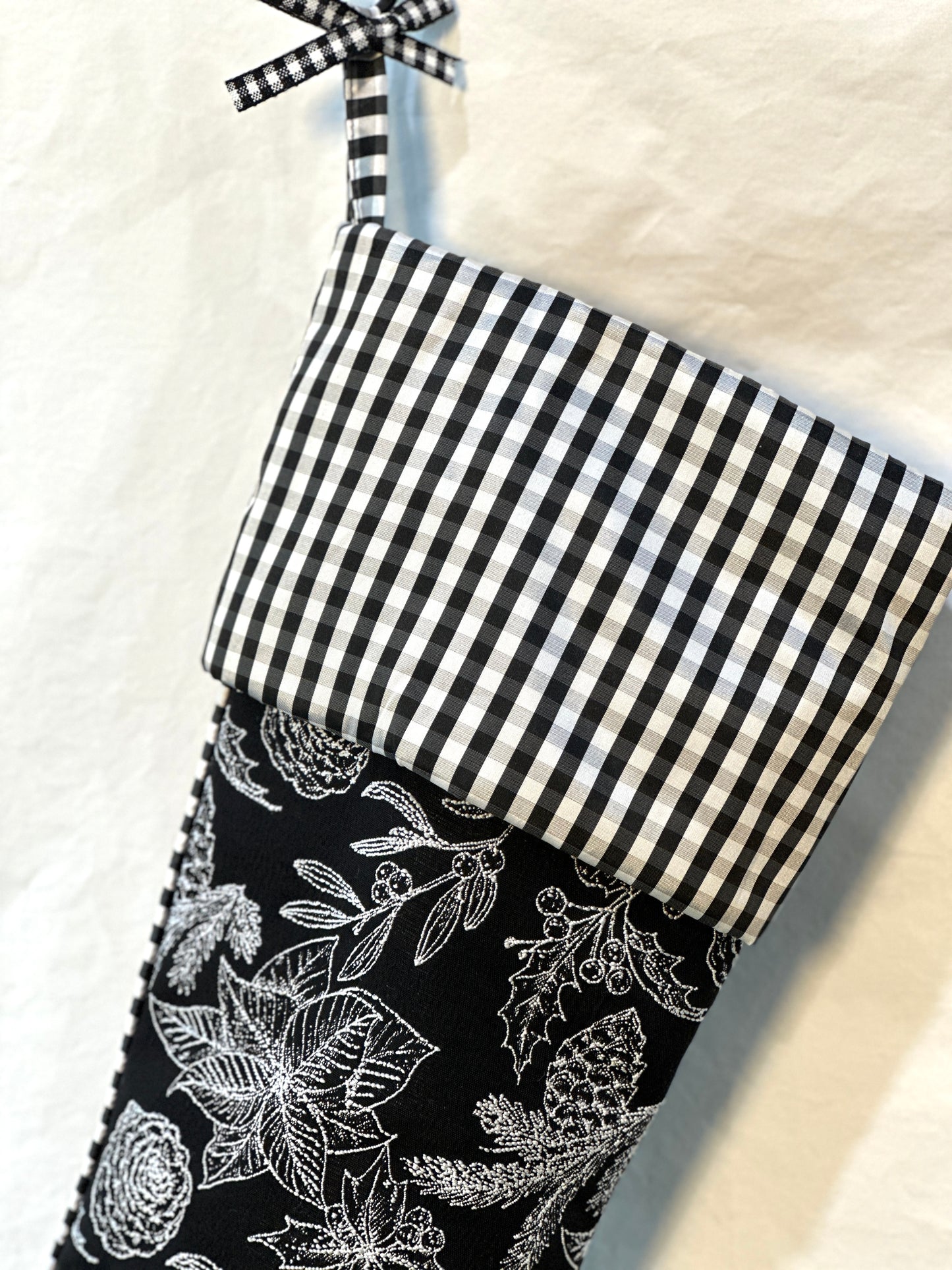 Black & White Christmas Stocking Jacquard Holly Pattern | Buffalo Check Cuff | Modern Farmhouse Holiday Decor -8 Available