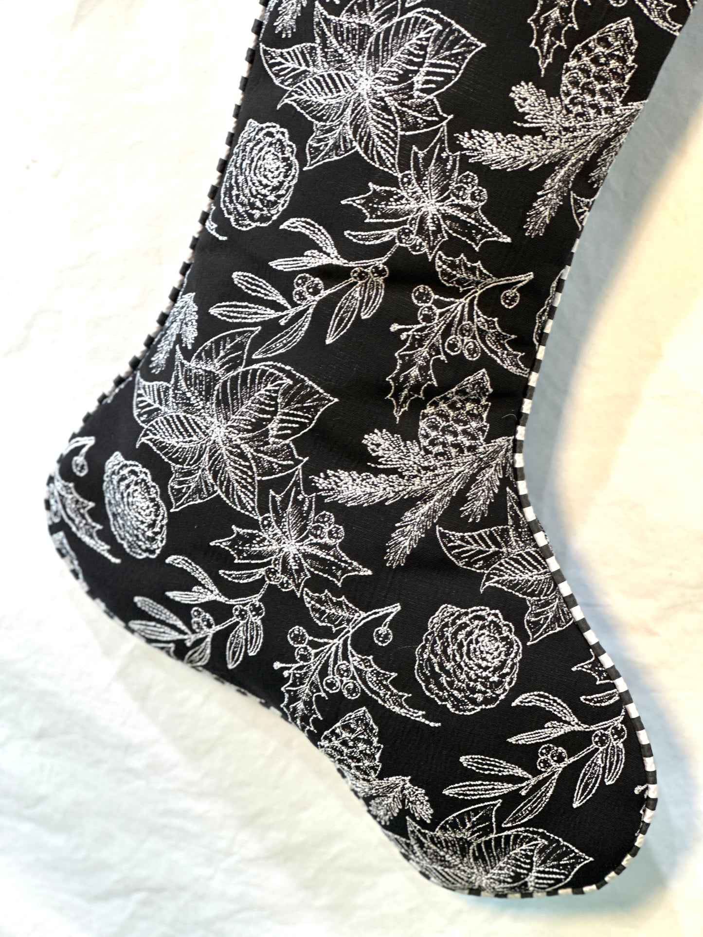 Black & White Christmas Stocking Jacquard Holly Pattern | Buffalo Check Cuff | Modern Farmhouse Holiday Decor -8 Available