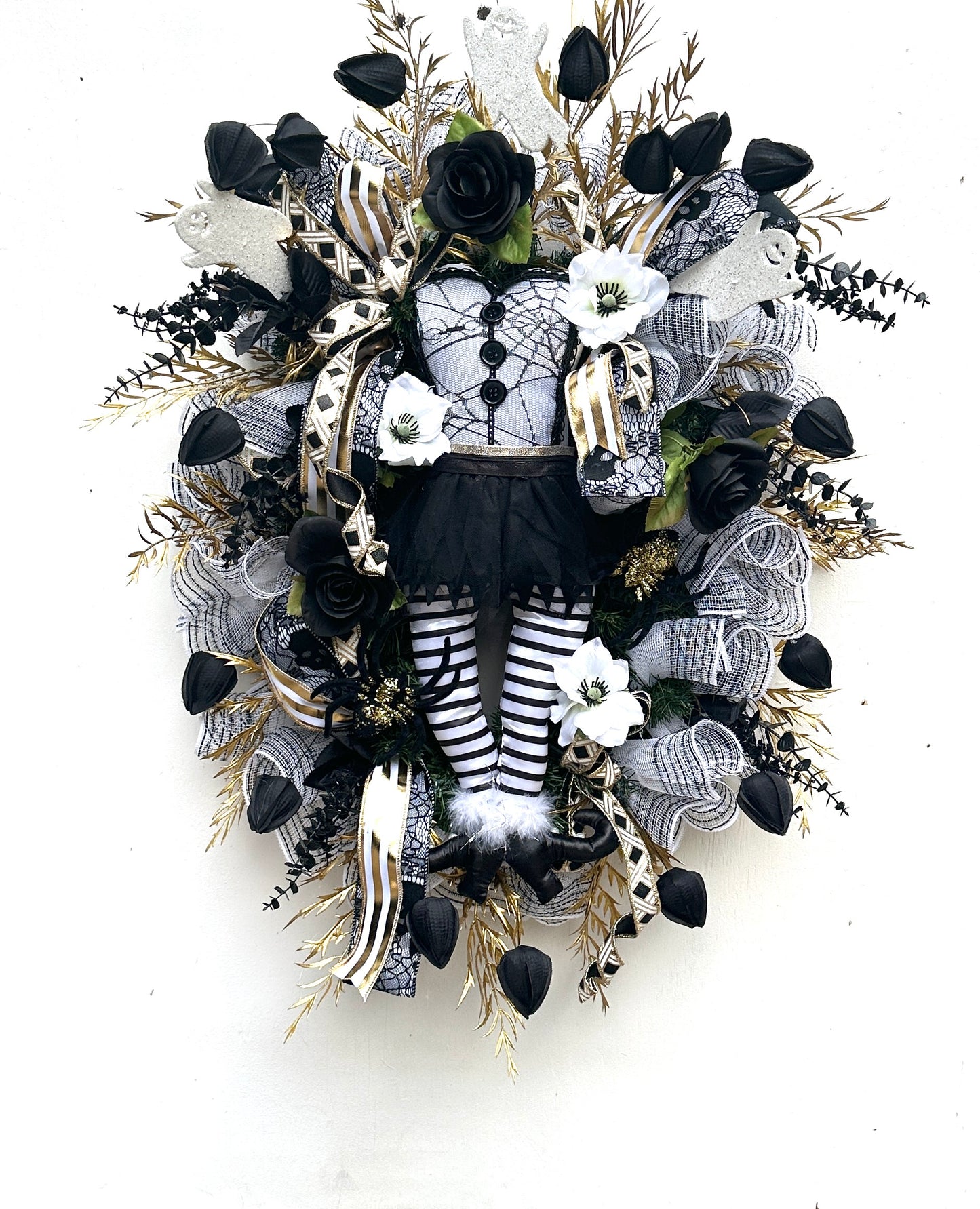 Halloween Wreath – Black & Gold Glam Decor with Ghosts, Spiders & Full Witch Torso